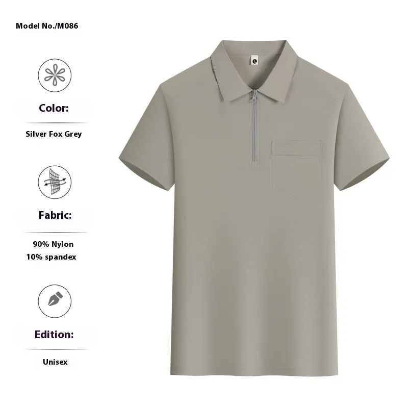Short sleeve grey nylon advertising shirt with zipper pockets on the lapels