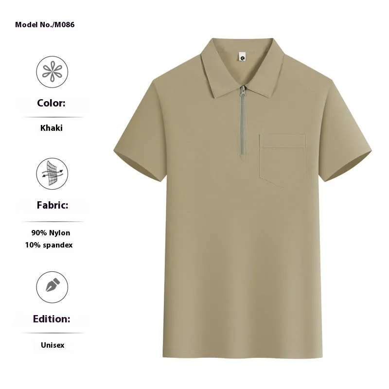 Short sleeve grey nylon advertising shirt with zipper pockets on the lapels