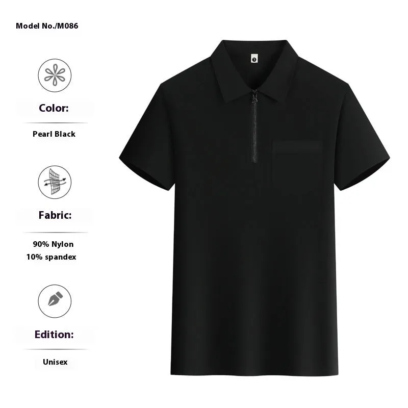 Short sleeve grey nylon advertising shirt with zipper pockets on the lapels
