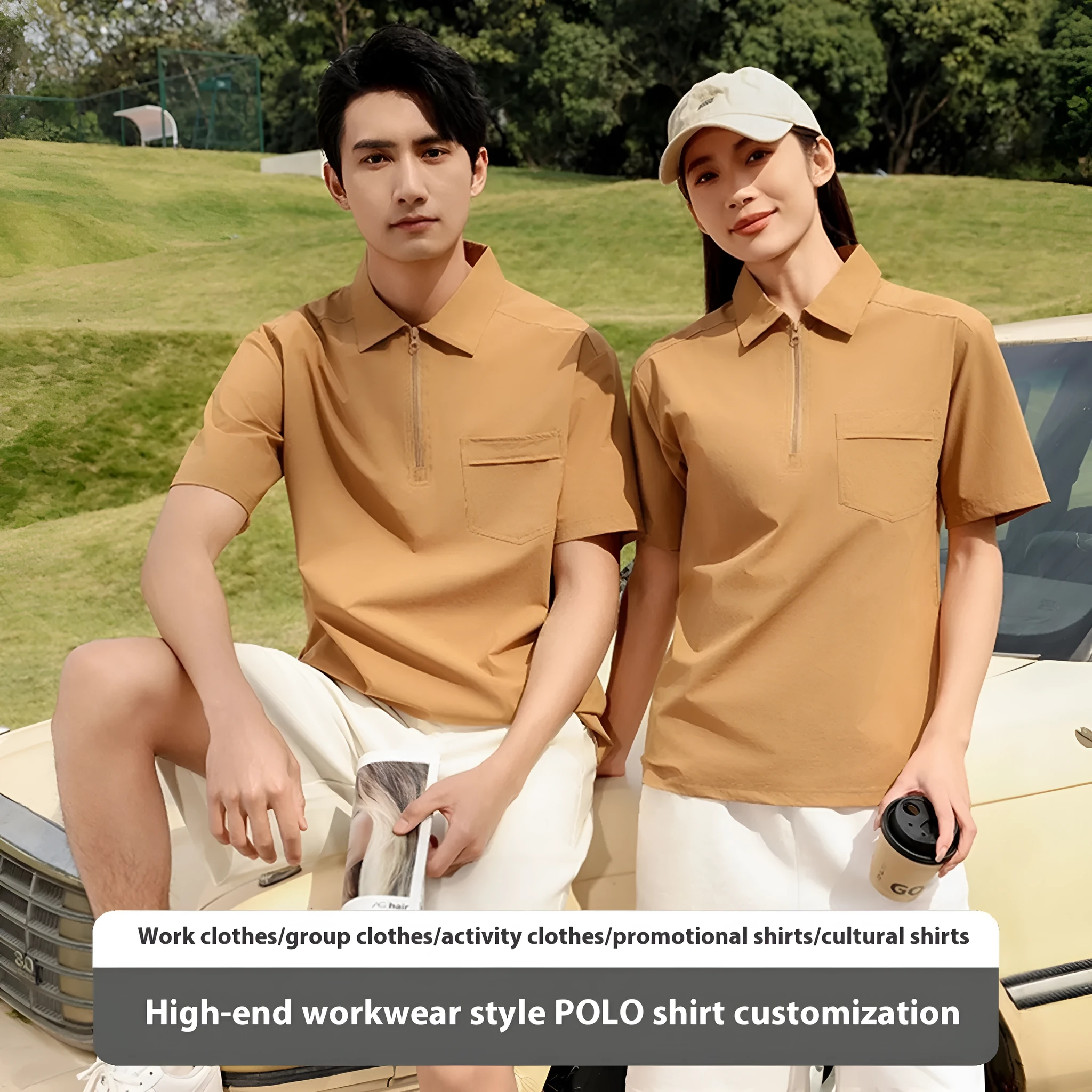 Short sleeve grey nylon advertising shirt with zipper pockets on the lapels