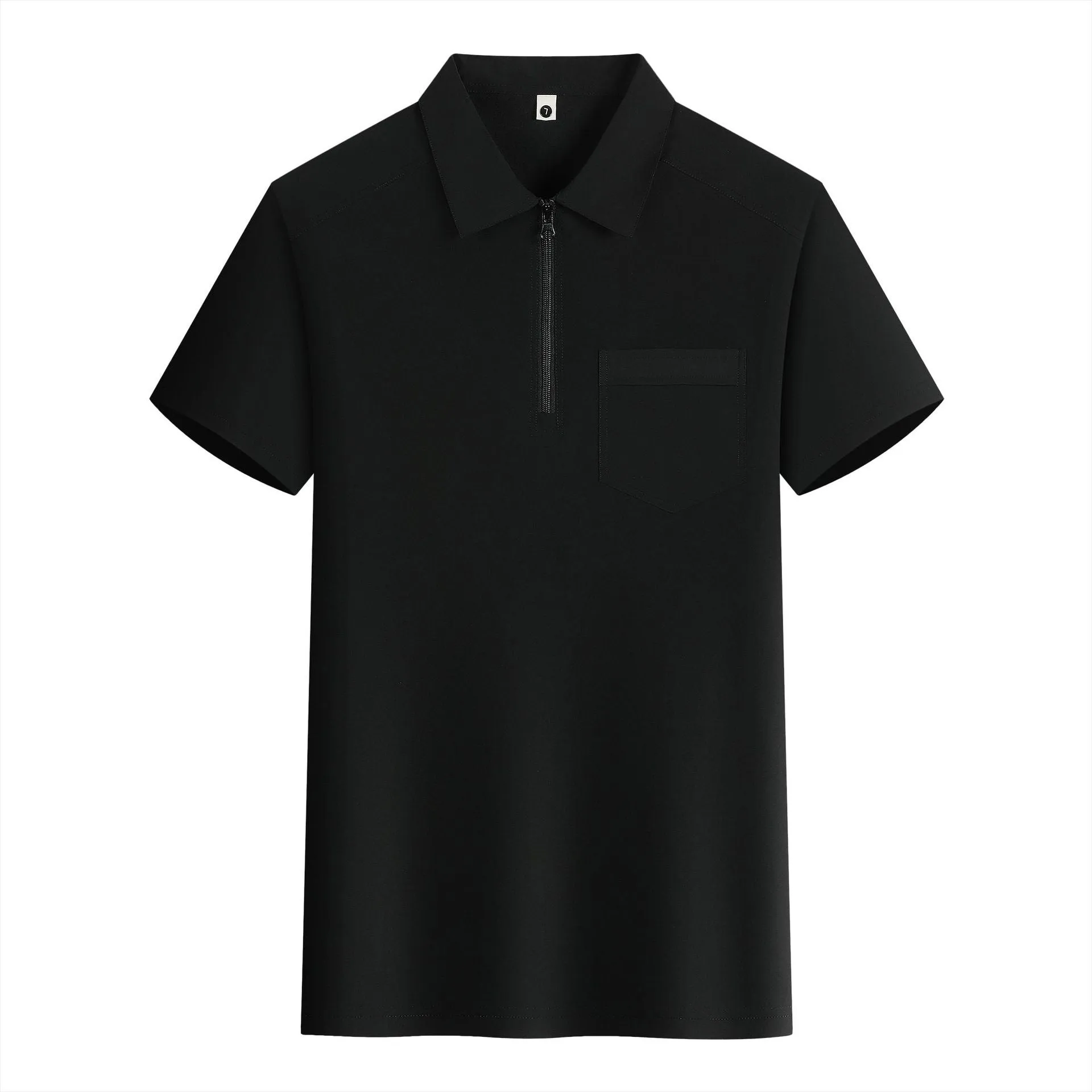 Short sleeve grey nylon advertising shirt with zipper pockets on the lapels