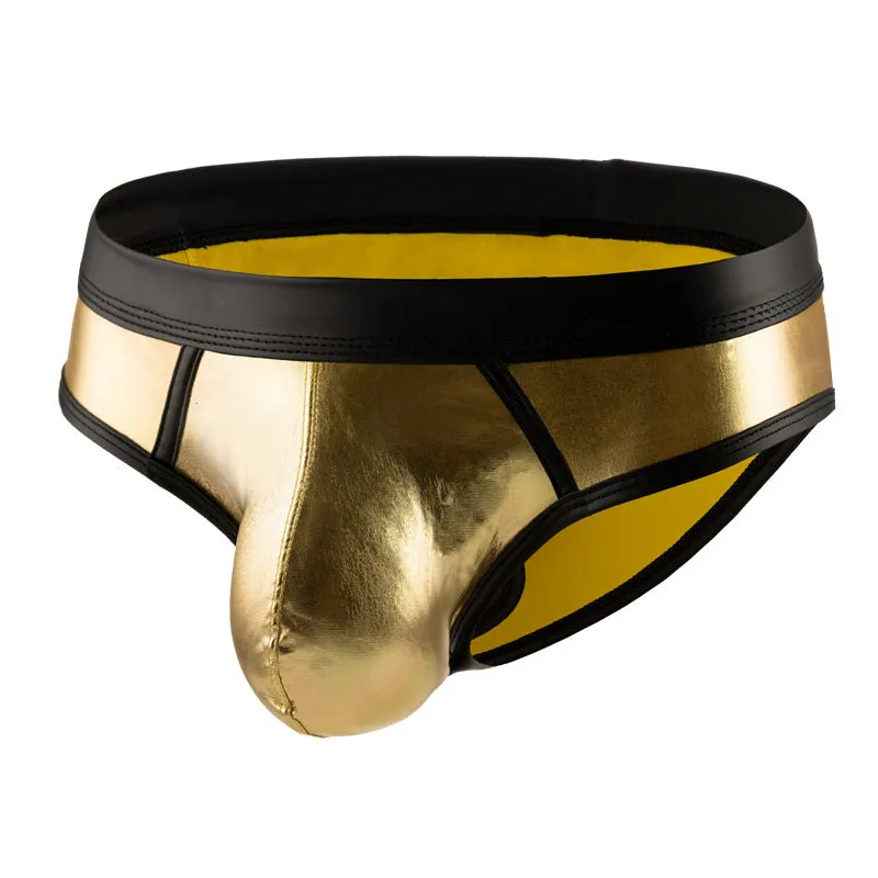 Men's patent leather look swim briefs in gold, silver and red colours with low waist design