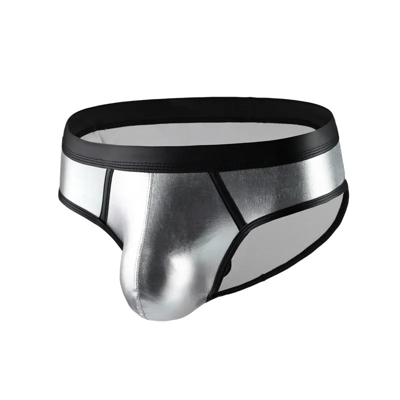 Men's patent leather look swim briefs in gold, silver and red colours with low waist design