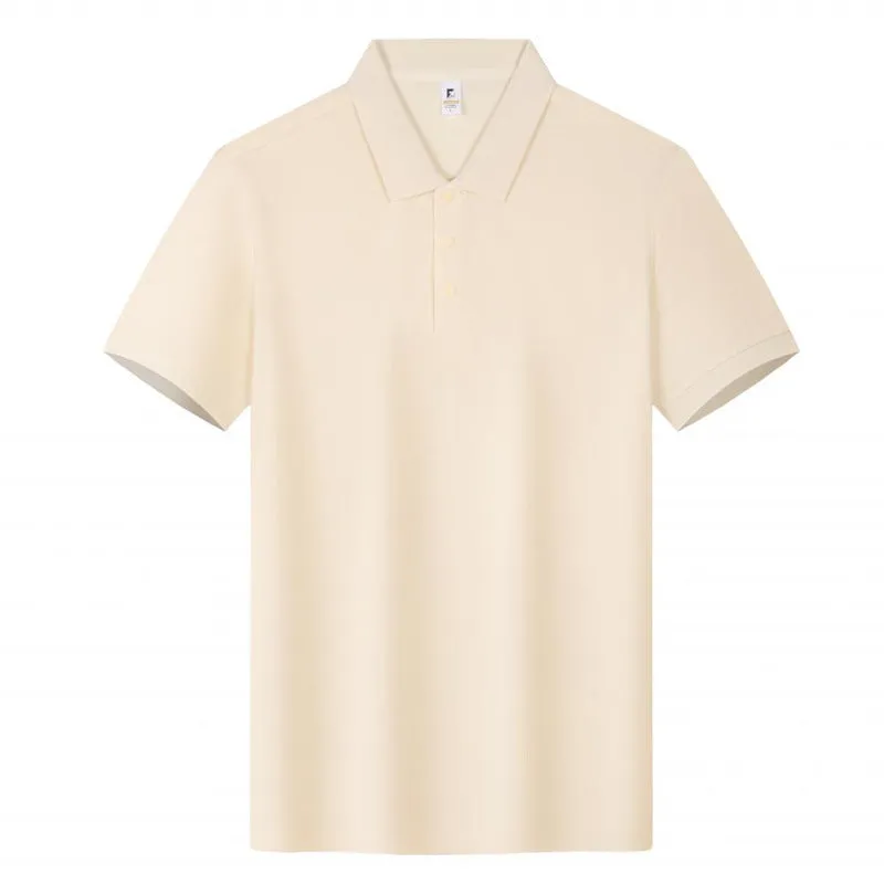 Short sleeve beige cotton polo shirt with a lapel collar on a hanger.