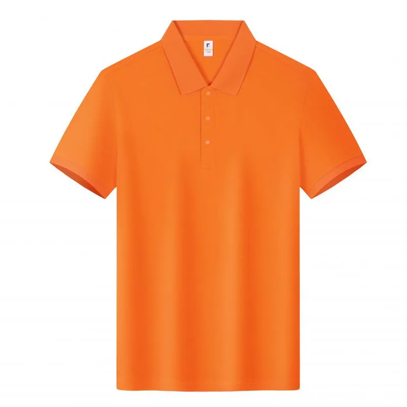 Short sleeve beige cotton polo shirt with a lapel collar on a hanger.