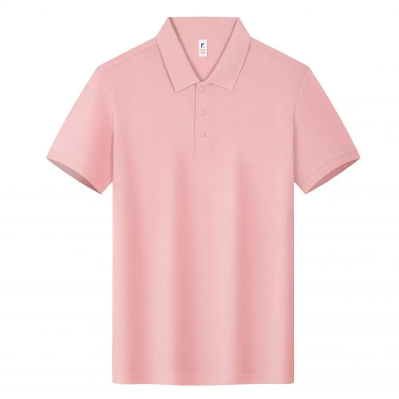Short sleeve beige cotton polo shirt with a lapel collar on a hanger.