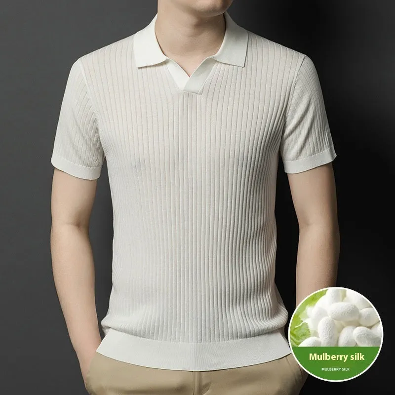 Man wearing a grey mulberry silk short-sleeved T-shirt with a lapel collar.
