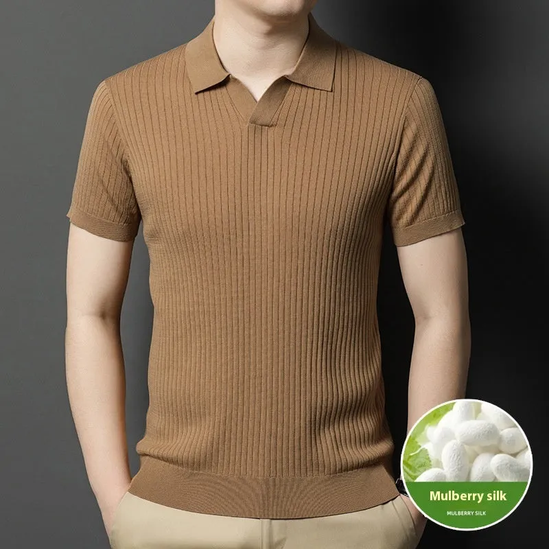 Man wearing a grey mulberry silk short-sleeved T-shirt with a lapel collar.