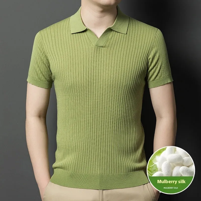 Man wearing a grey mulberry silk short-sleeved T-shirt with a lapel collar.