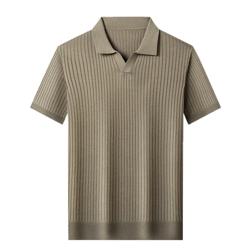 Man wearing a grey mulberry silk short-sleeved T-shirt with a lapel collar.