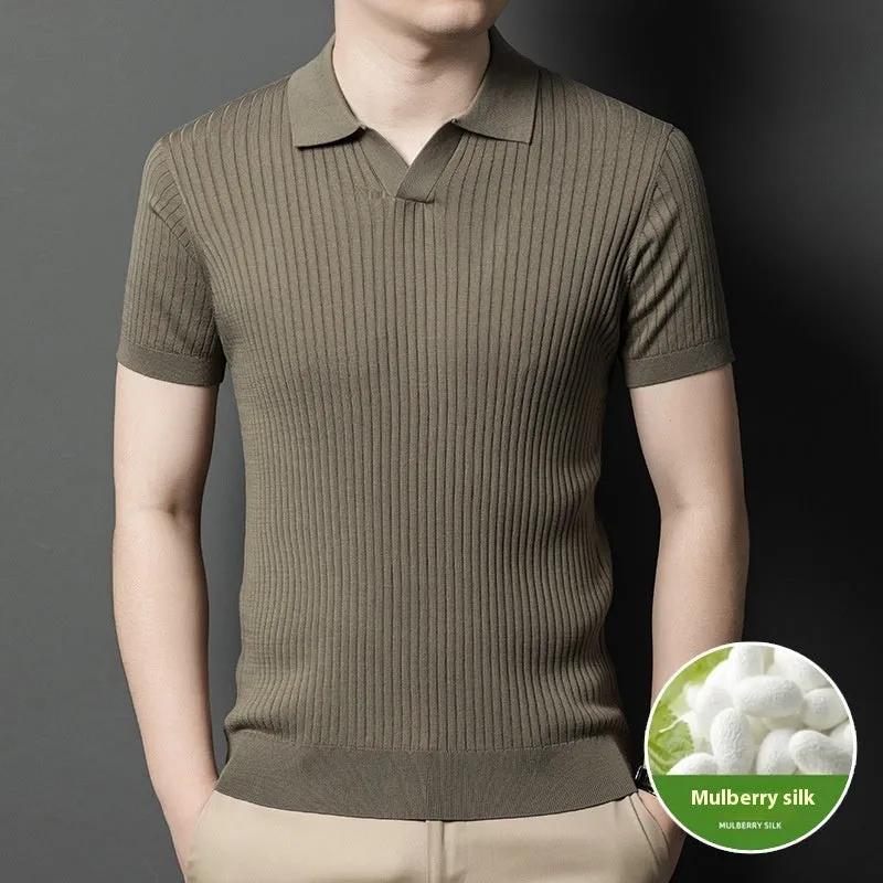 Man wearing a grey mulberry silk short-sleeved T-shirt with a lapel collar.