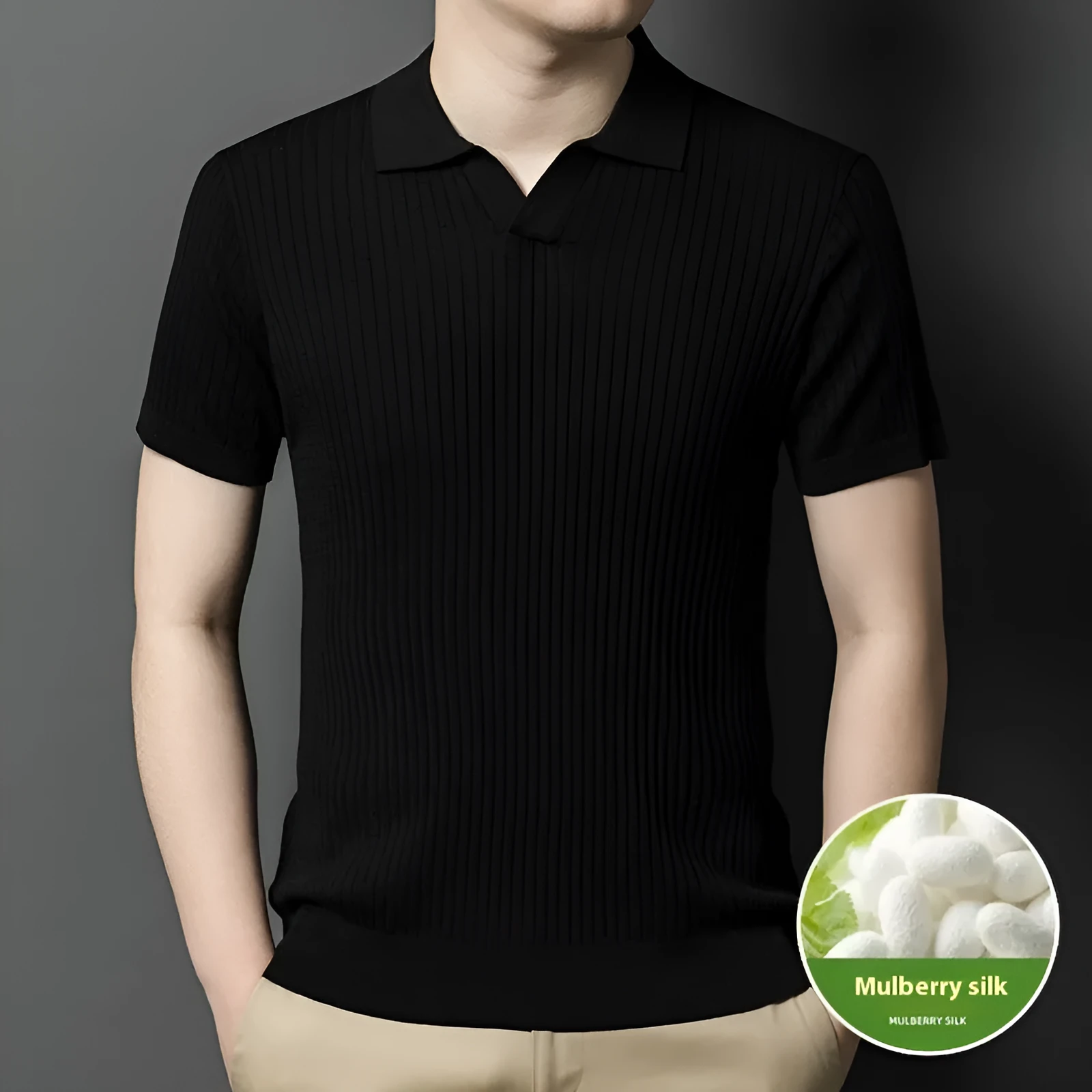 Man wearing a grey mulberry silk short-sleeved T-shirt with a lapel collar.