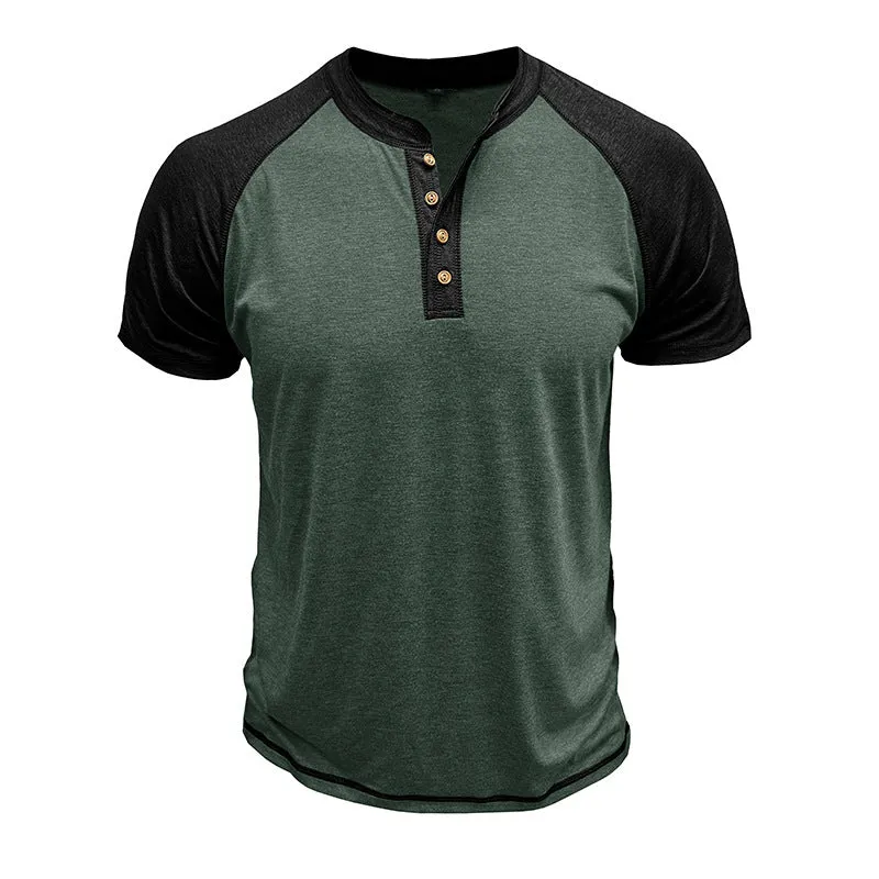 Men's short sleeve pullover in a two-tone colour block design with raglan sleeves.