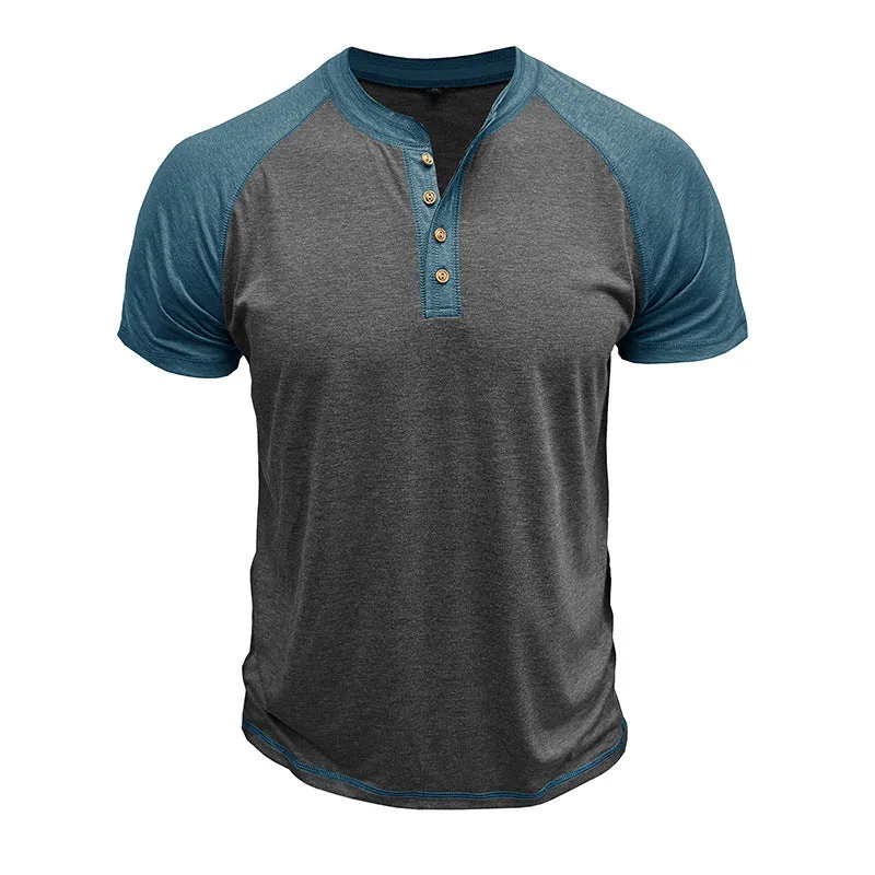Men's short sleeve pullover in a two-tone colour block design with raglan sleeves.