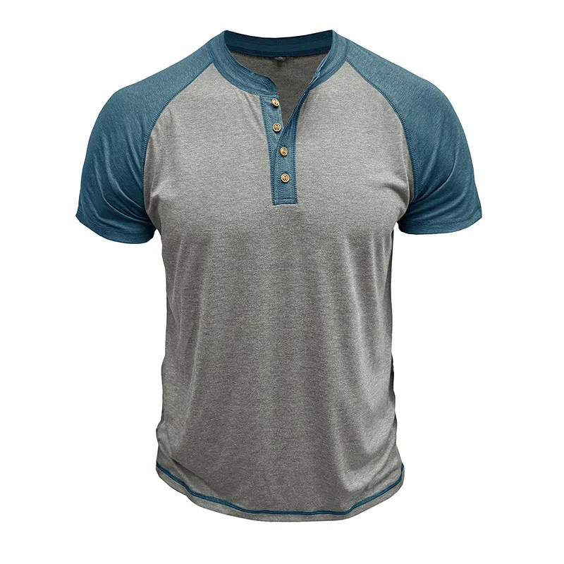 Men's short sleeve pullover in a two-tone colour block design with raglan sleeves.