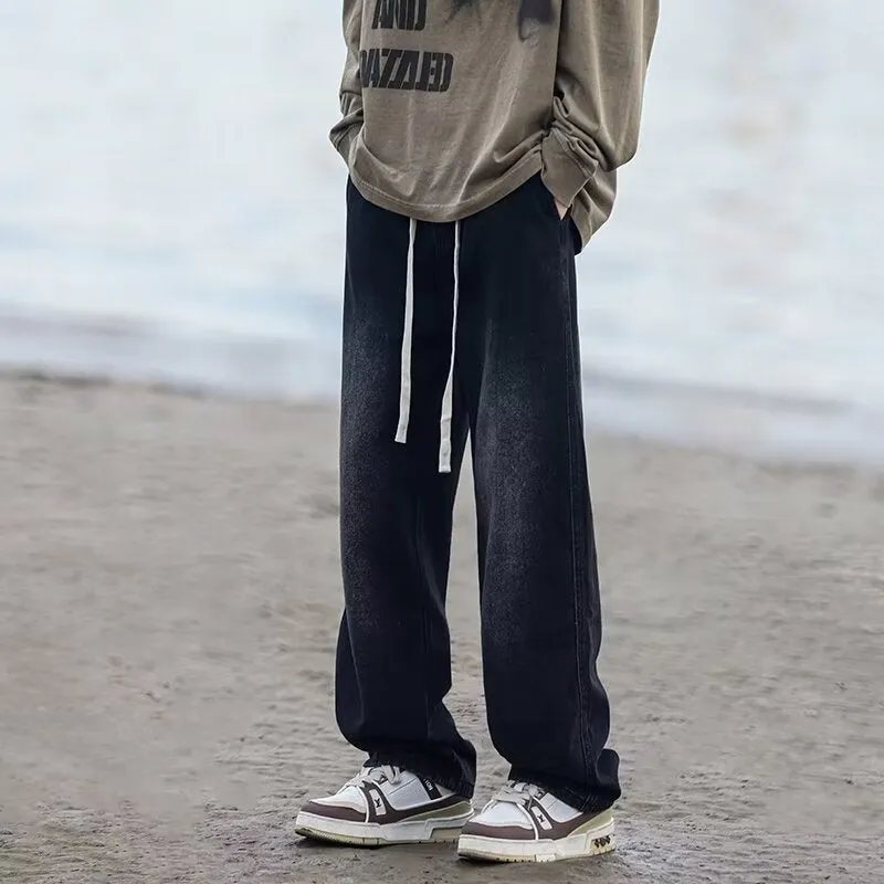 Straight leg men's trousers in denim cotton with drawstring waist closure