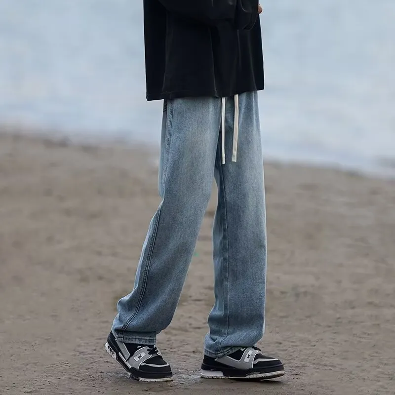 Straight leg men's trousers in denim cotton with drawstring waist closure