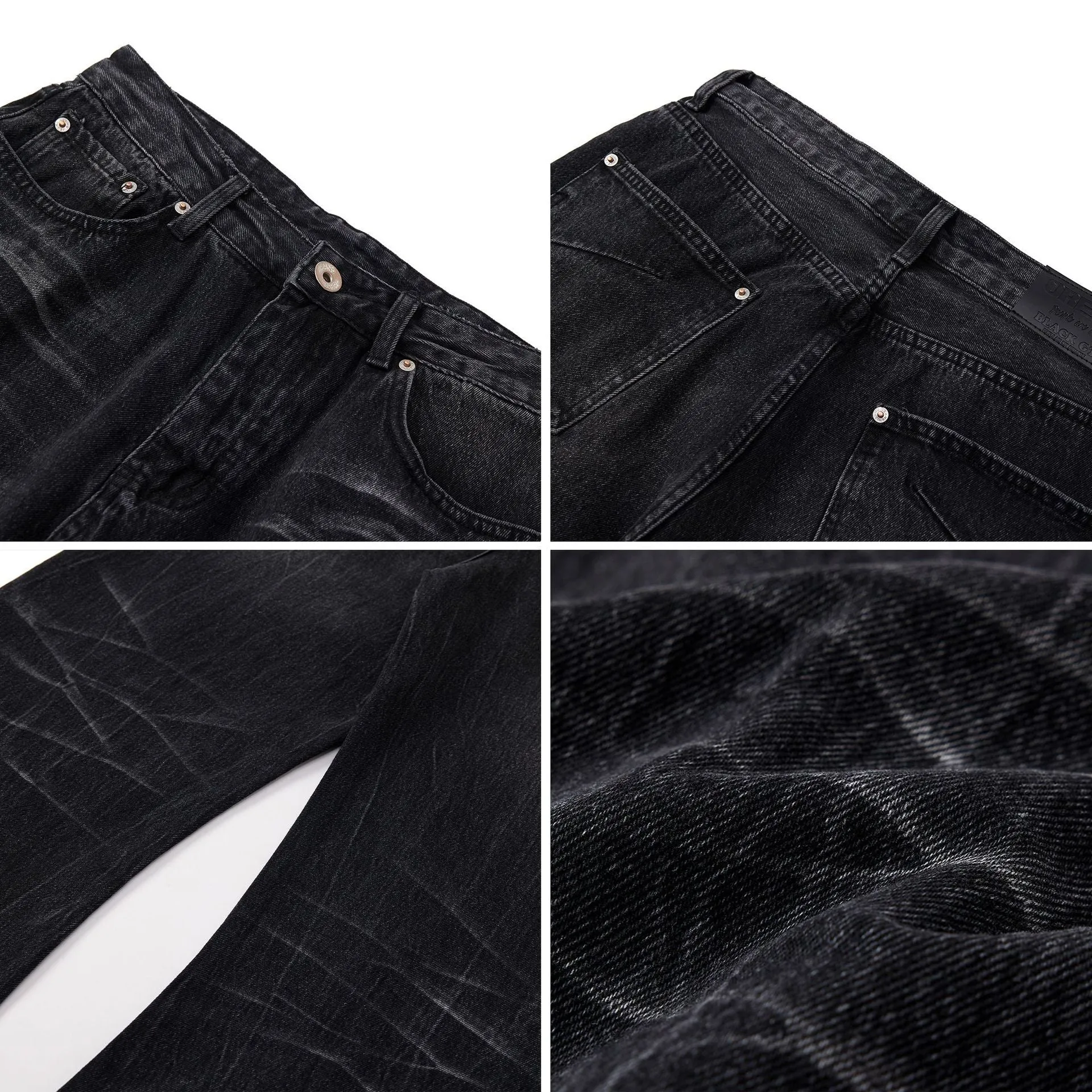Black straight-leg jeans with lightning crack distressing pattern on knees and thighs
