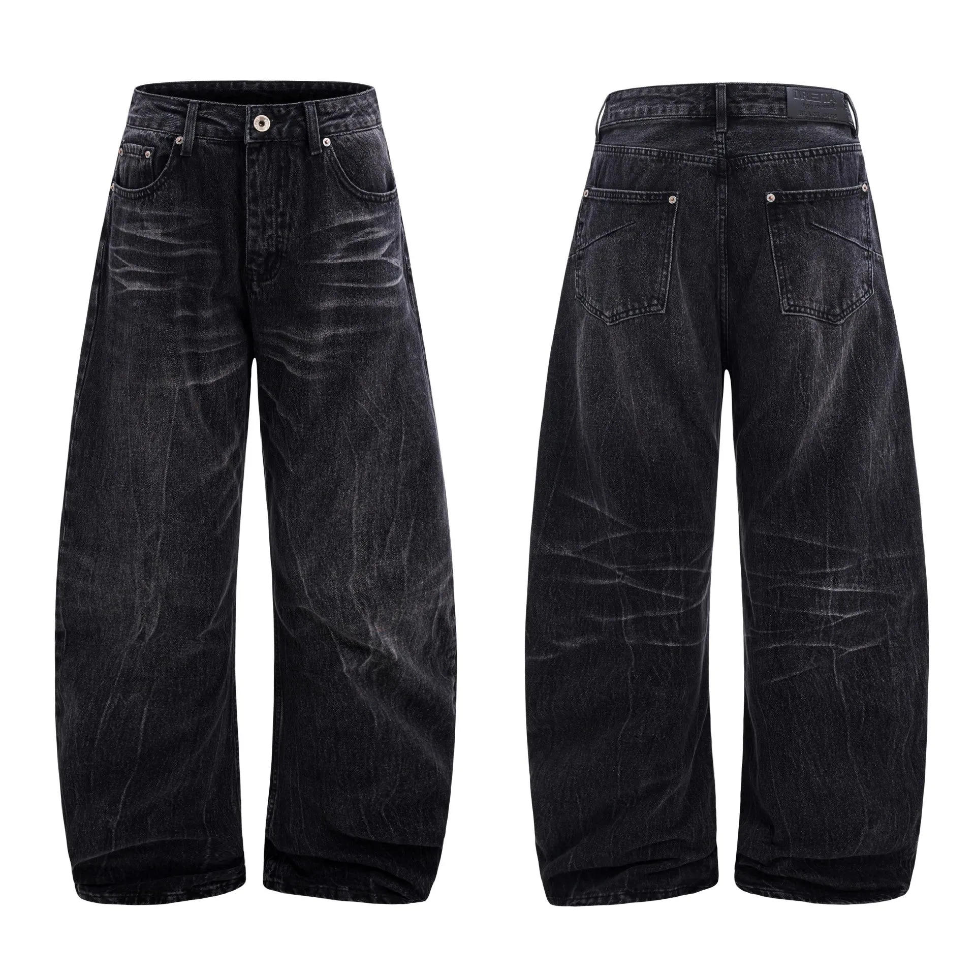 Black straight-leg jeans with lightning crack distressing pattern on knees and thighs