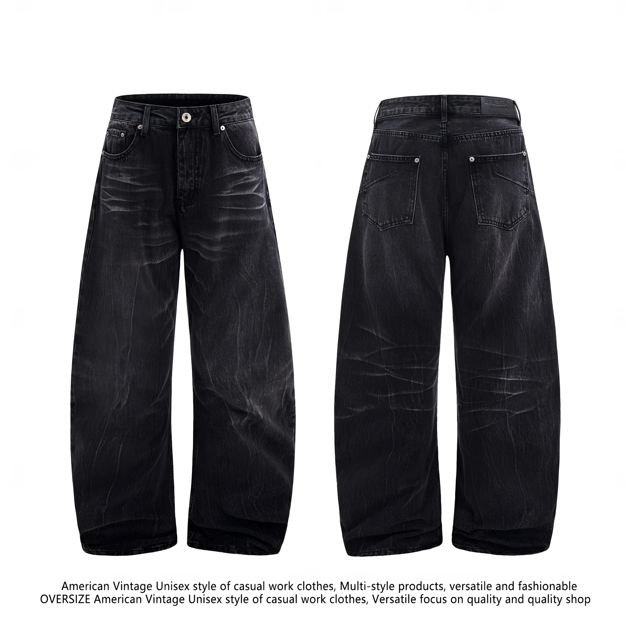 Black straight-leg jeans with lightning crack distressing pattern on knees and thighs
