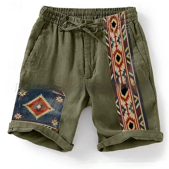 Men's blue casual shorts with colour block digital printing pattern and drawstring waist