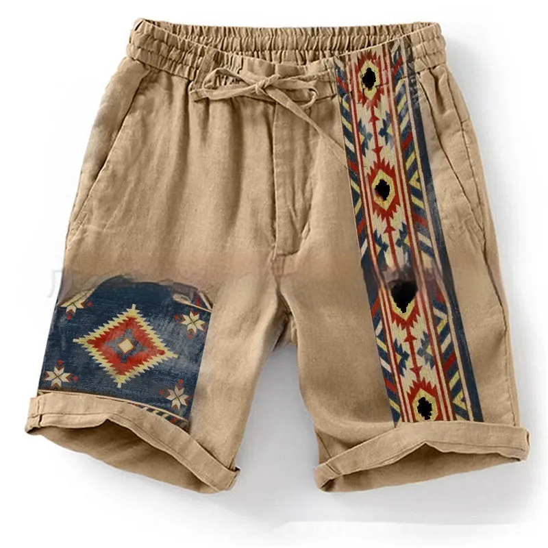 Men's blue casual shorts with colour block digital printing pattern and drawstring waist