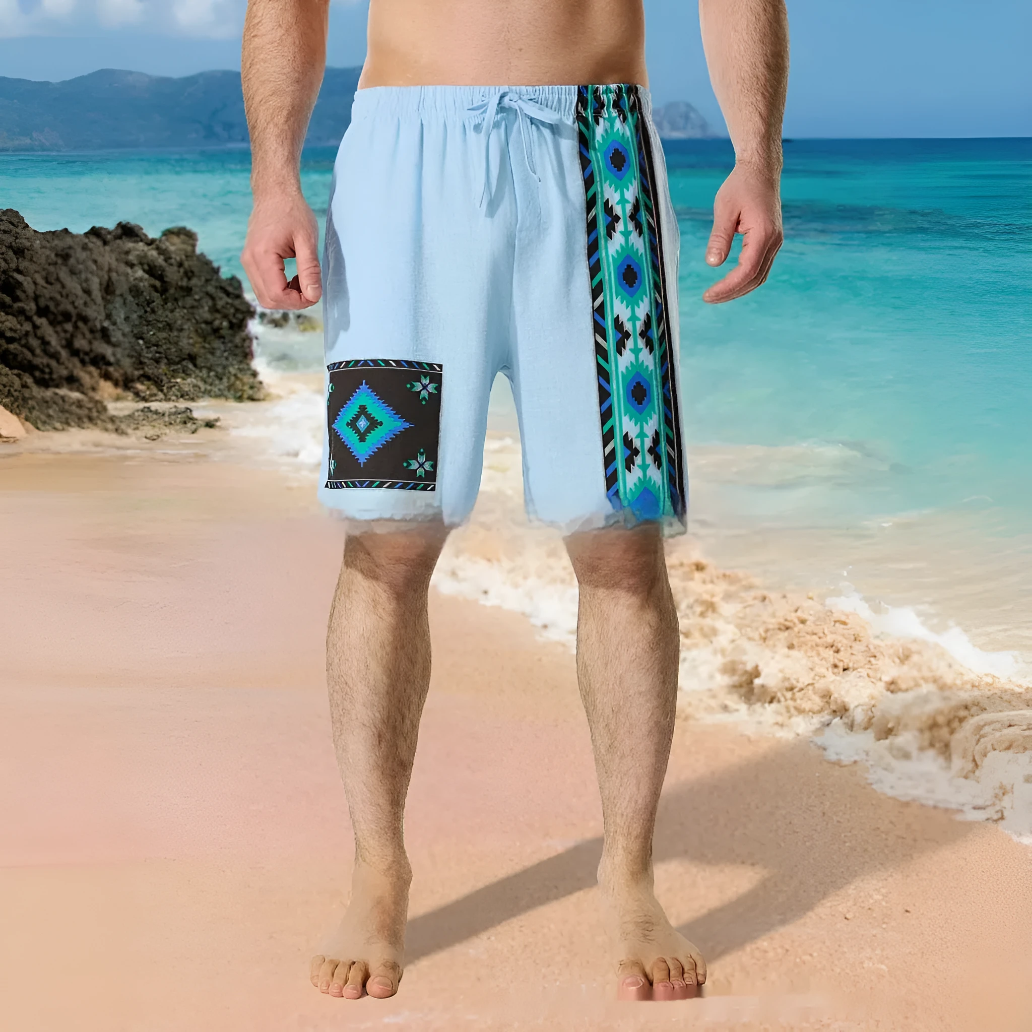 Men's blue casual shorts with colour block digital printing pattern and drawstring waist