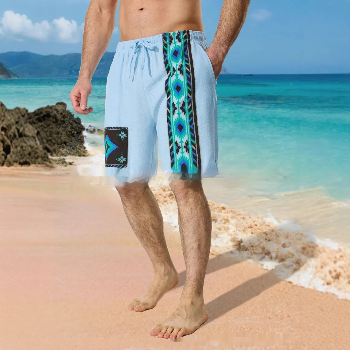 Men's blue casual shorts with colour block digital printing pattern and drawstring waist