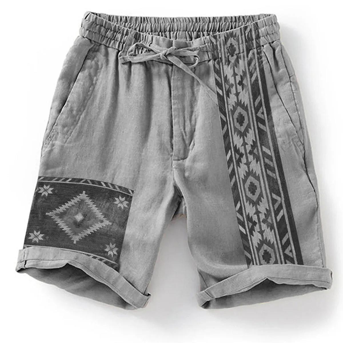 Men's blue casual shorts with colour block digital printing pattern and drawstring waist
