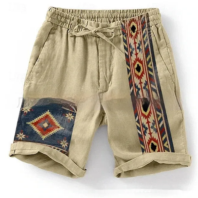 Men's blue casual shorts with colour block digital printing pattern and drawstring waist
