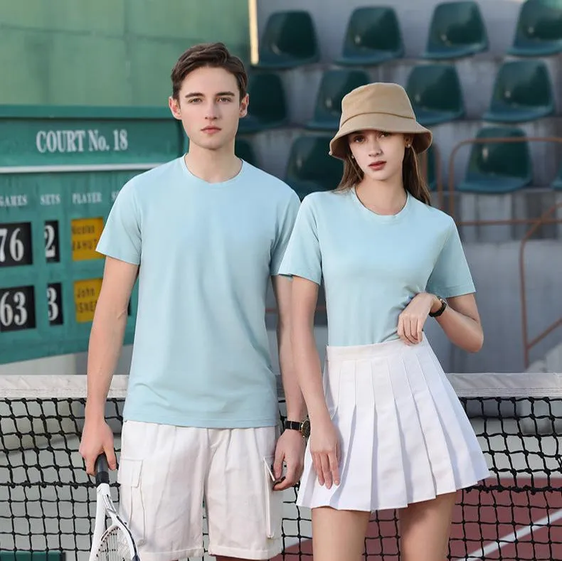 Washed cotton beaded round neck short sleeve t-shirt in a straight cut, shown in a solid colour.