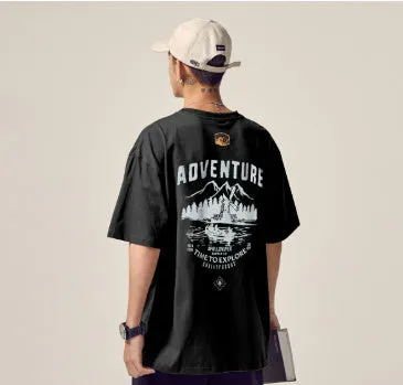 Men's black loose fit short-sleeved t-shirt on a hanger