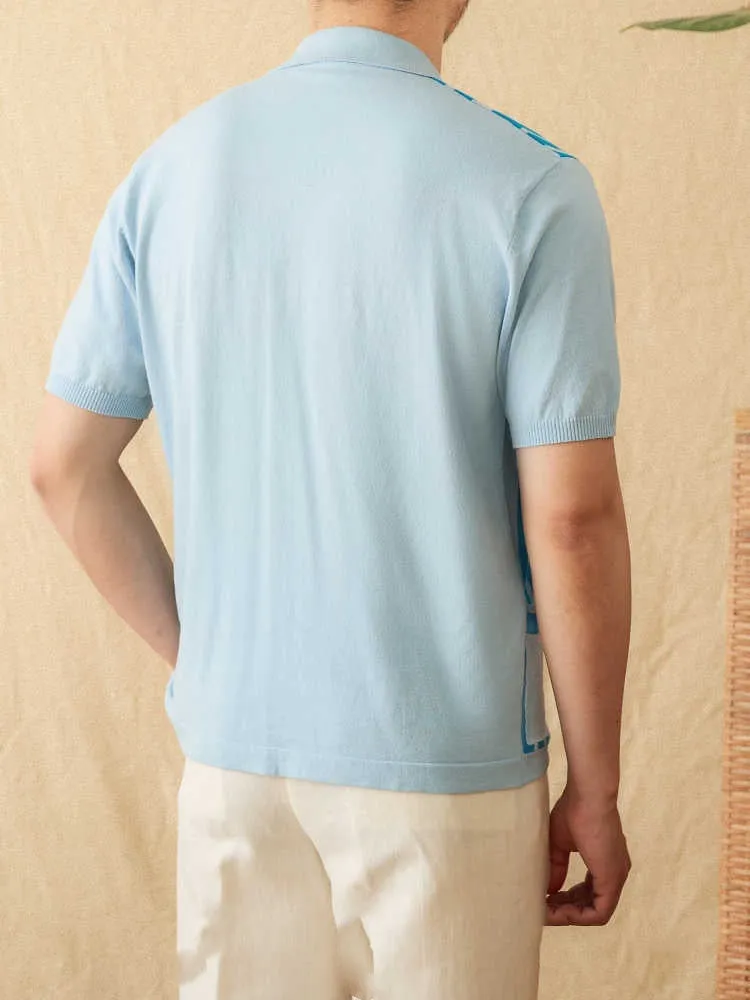Man's short-sleeved striped polo cardigan with a lapel collar in a light blue colour.