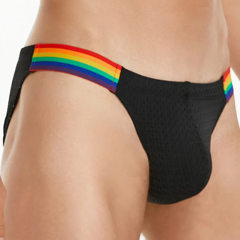 Men's nylon mesh briefs with a low waist and multicoloured rainbow waistband.