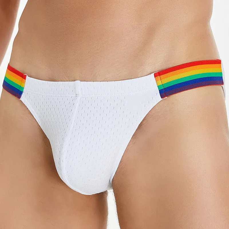 Men's nylon mesh briefs with a low waist and multicoloured rainbow waistband.