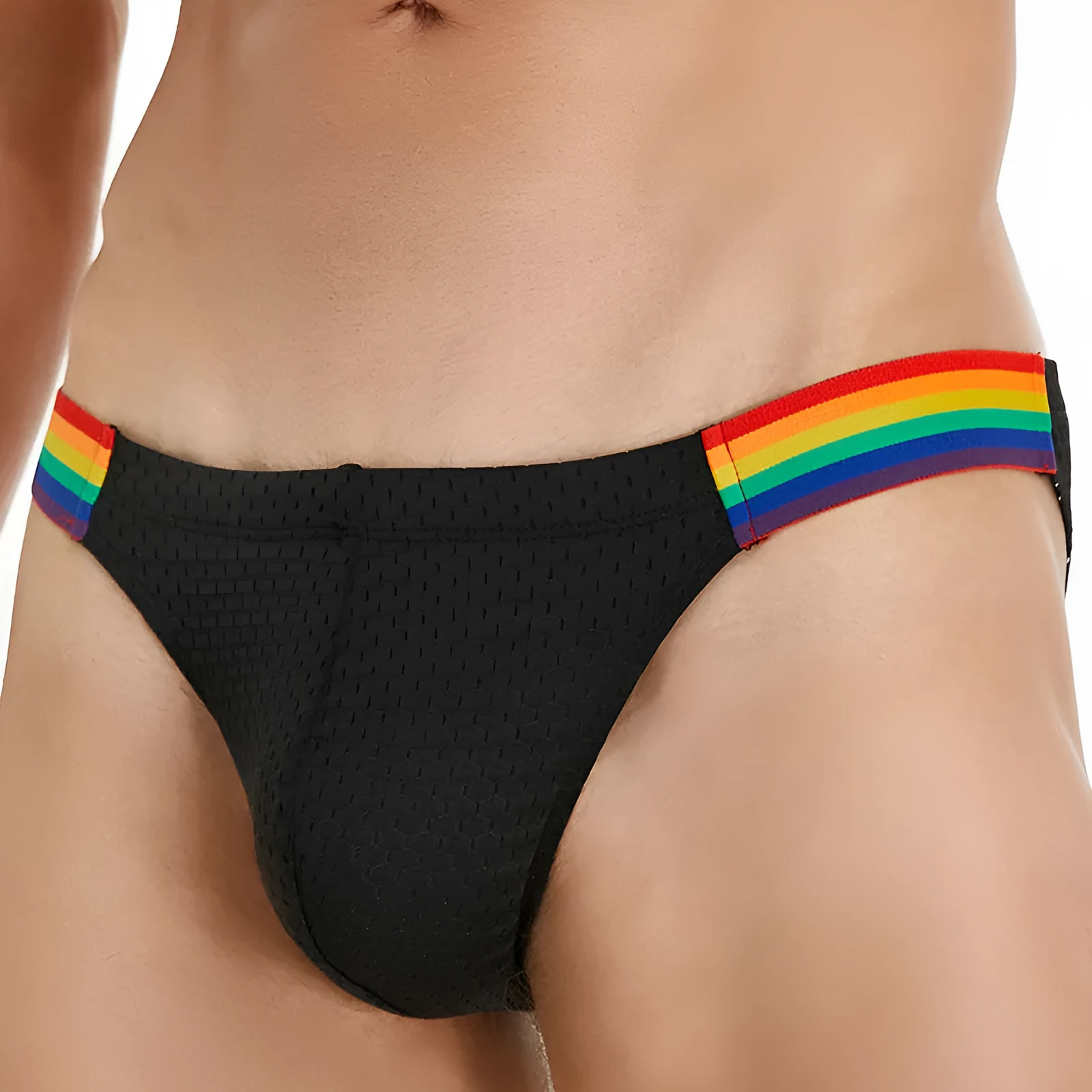 Men's nylon mesh briefs with a low waist and multicoloured rainbow waistband.