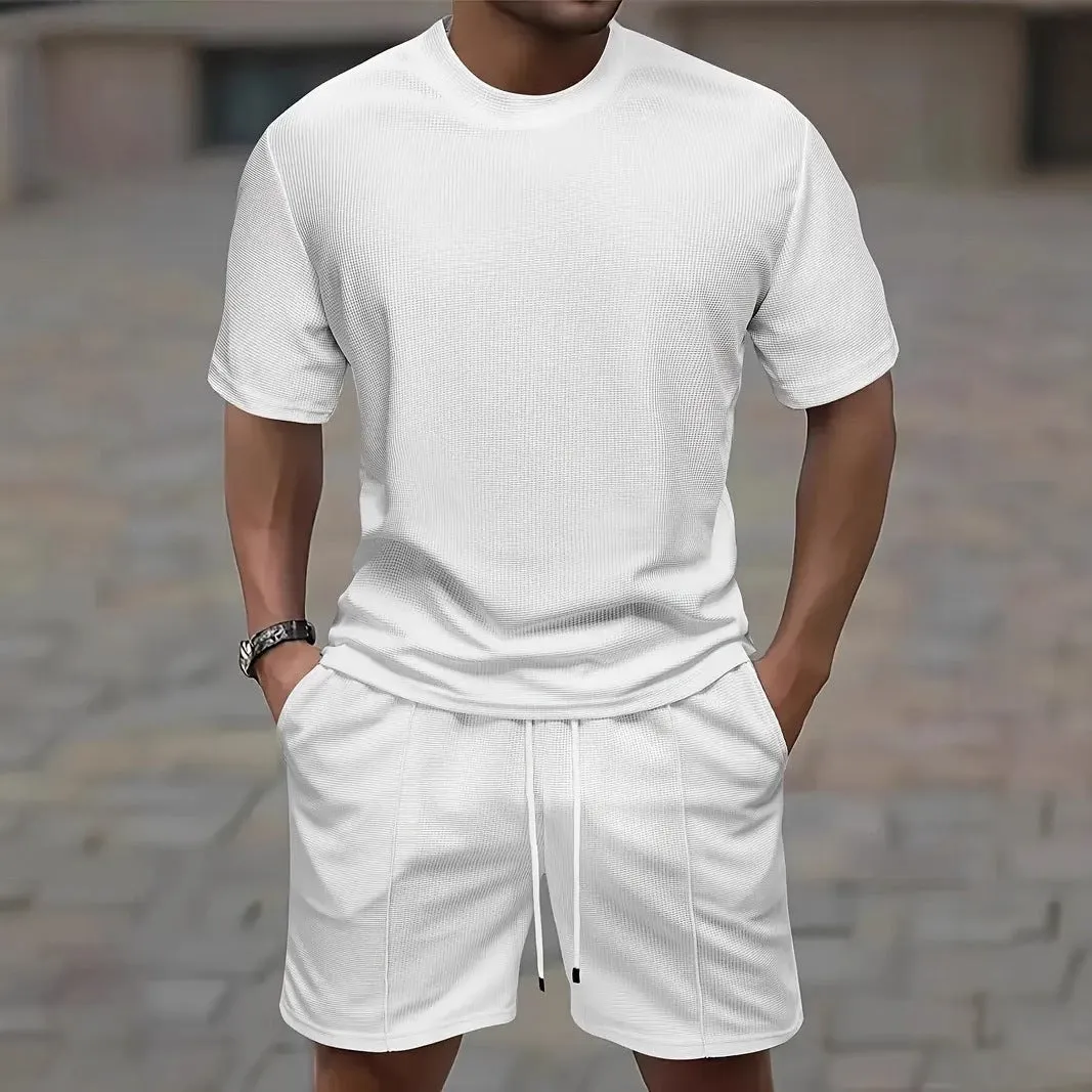 Men's apricot waffle texture short sleeve blouse and matching shorts laid flat.