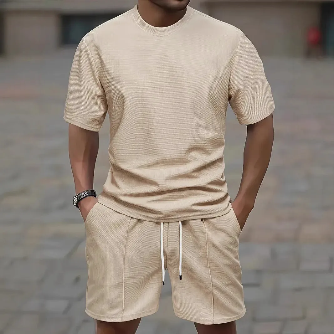 Men's apricot waffle texture short sleeve blouse and matching shorts laid flat.