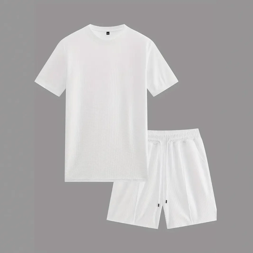 Men's apricot waffle texture short sleeve blouse and matching shorts laid flat.