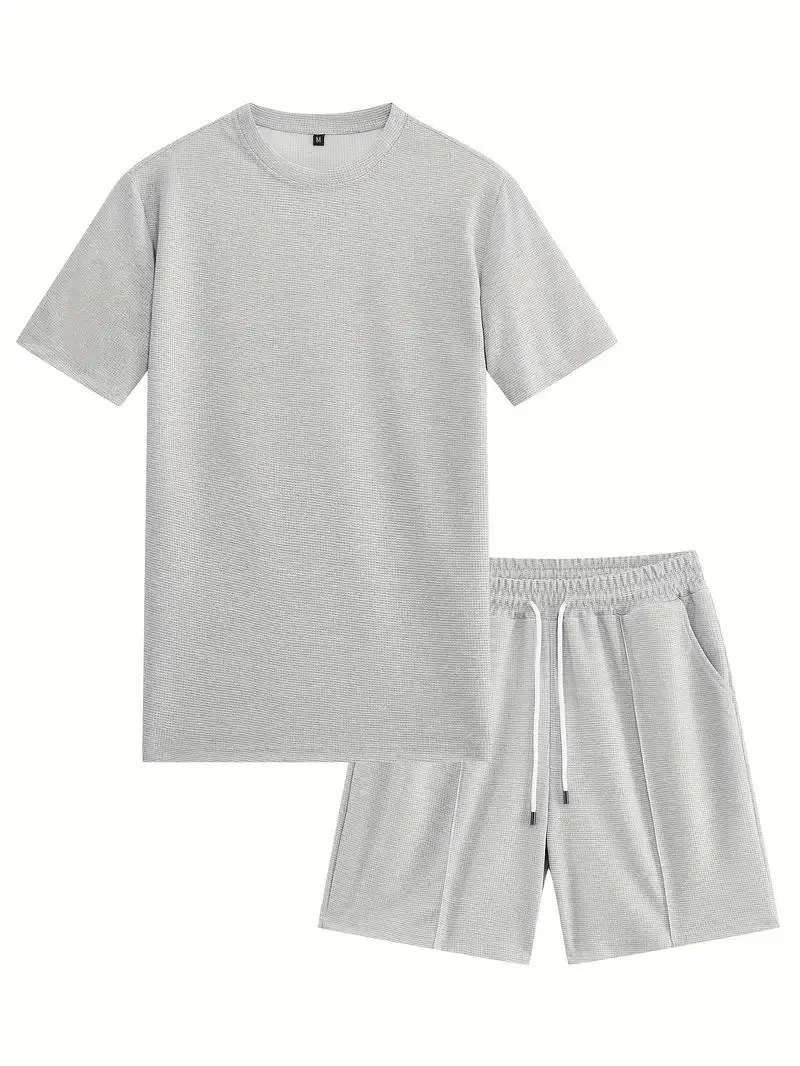 Men's apricot waffle texture short sleeve blouse and matching shorts laid flat.