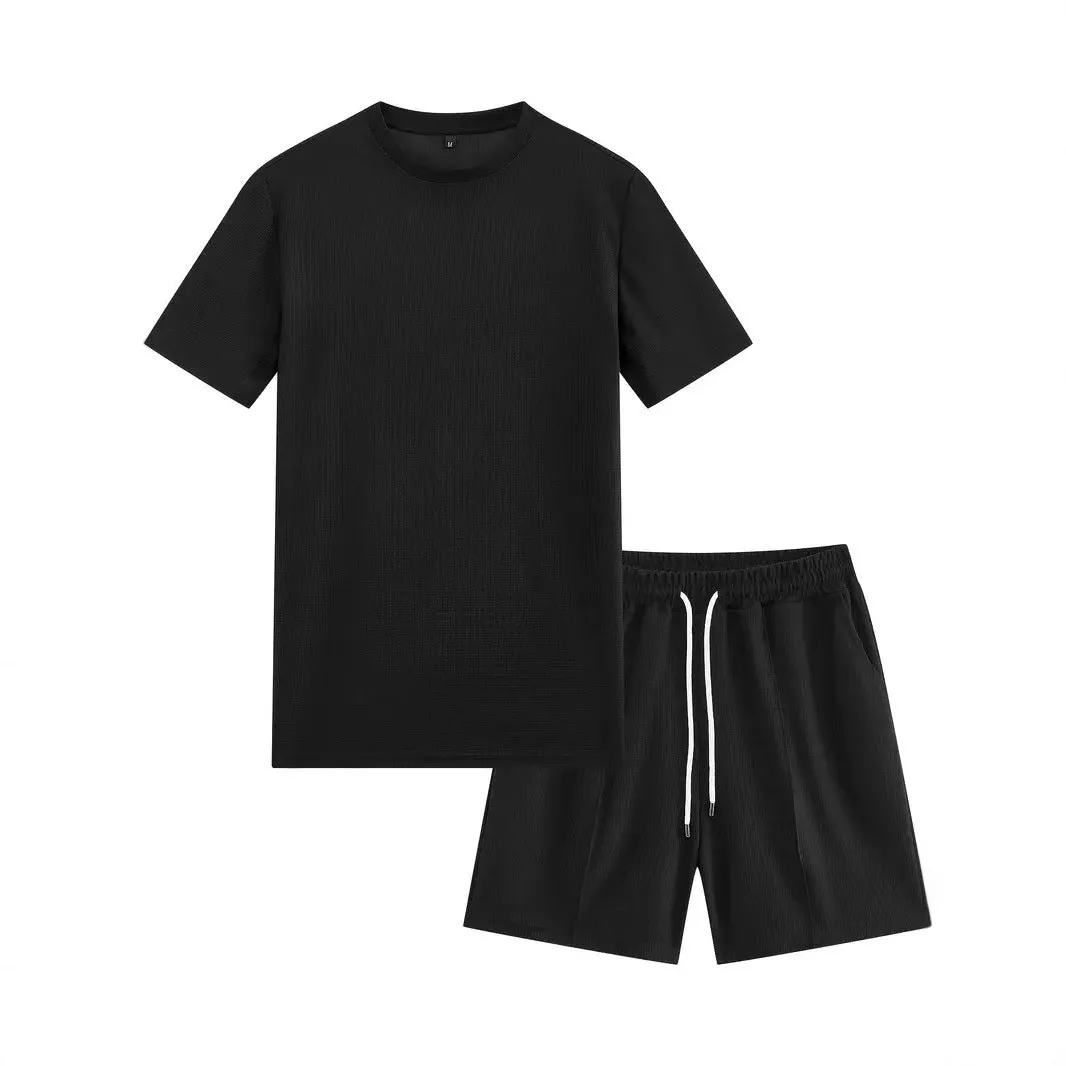 Men's apricot waffle texture short sleeve blouse and matching shorts laid flat.