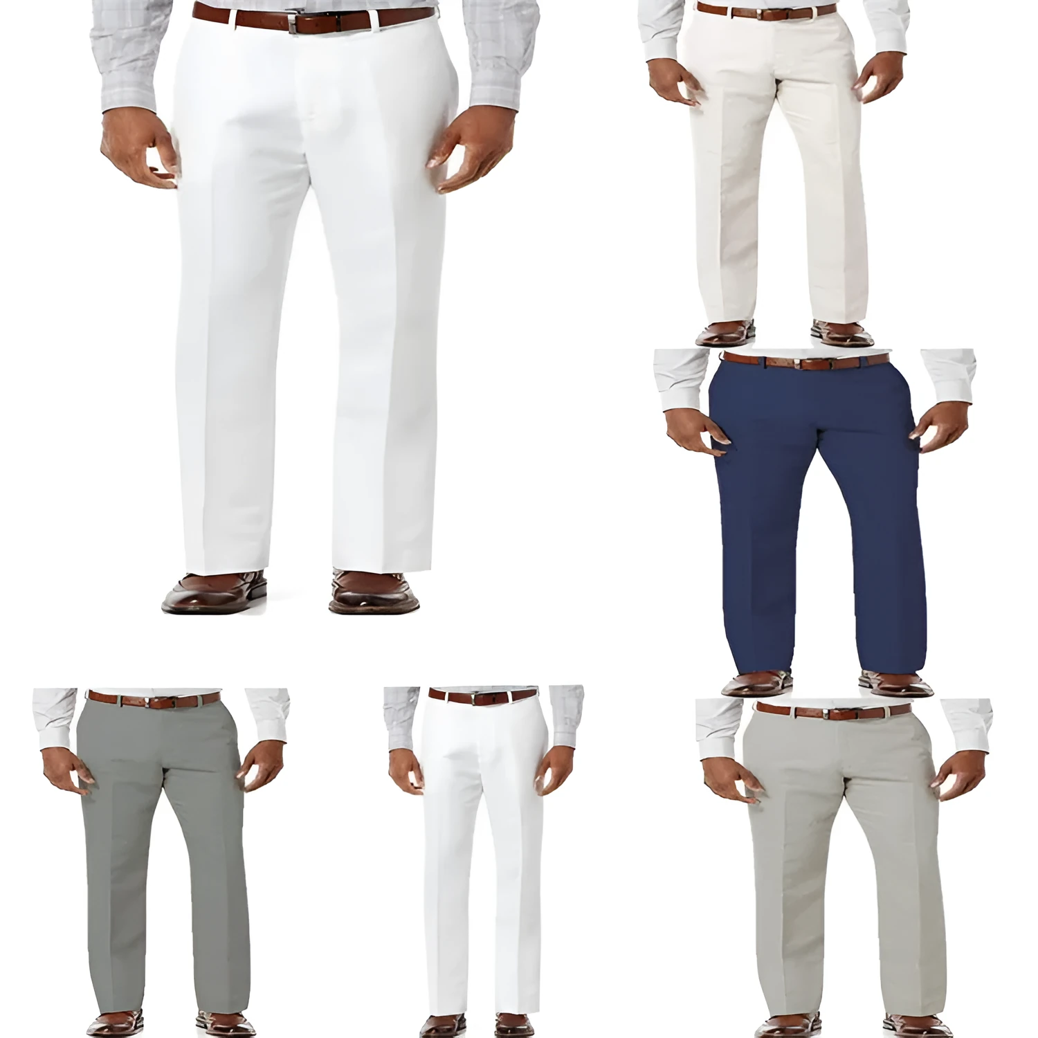 Men's beige linen trousers with slant pockets laid flat on a surface.