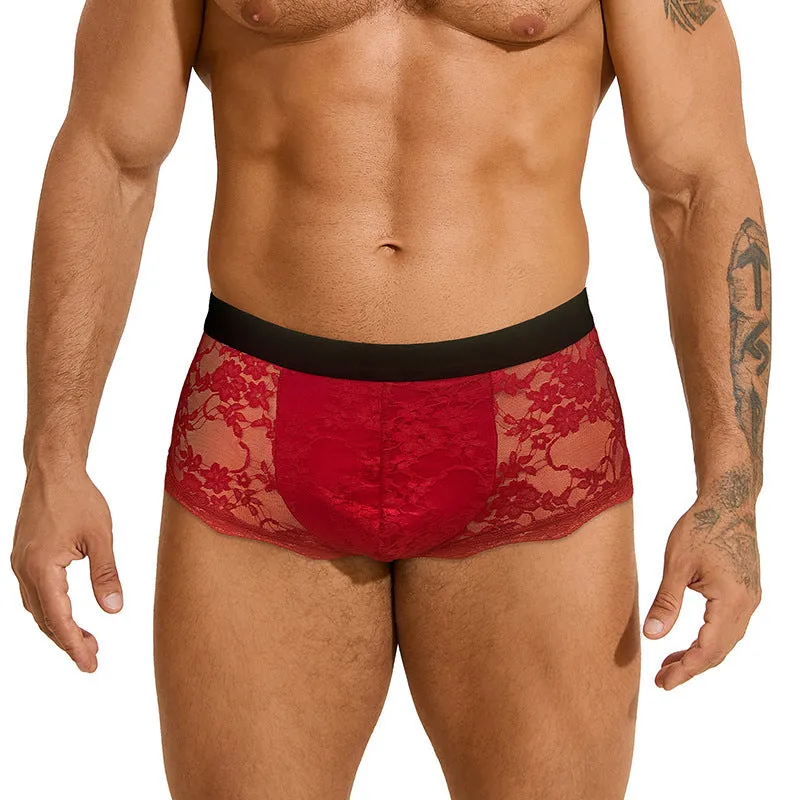 Men's black lace briefs with hollow-out see-through mesh design and adjustable waistband
