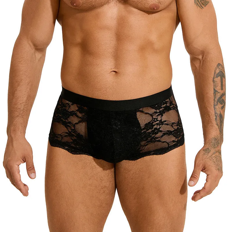 Men's black lace briefs with hollow-out see-through mesh design and adjustable waistband