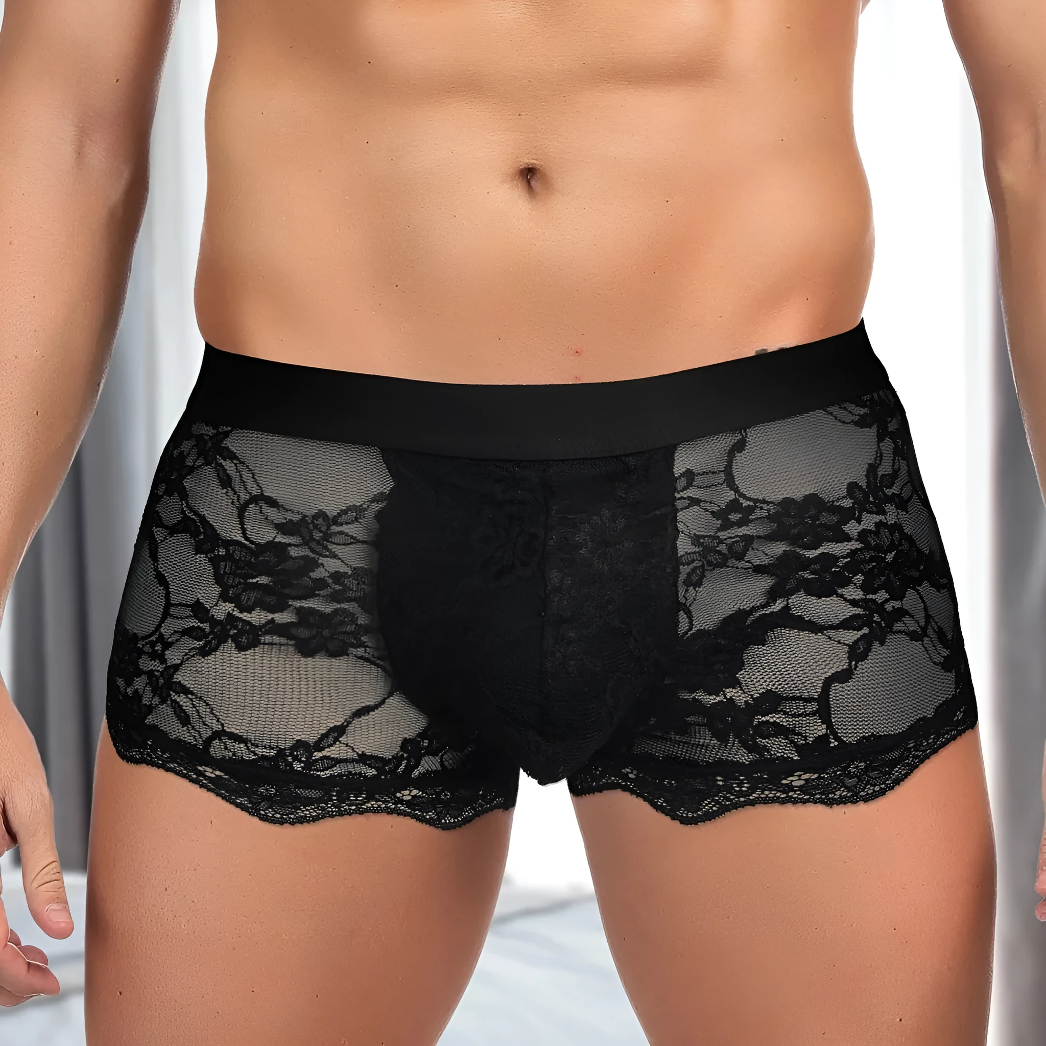 Men's black lace briefs with hollow-out see-through mesh design and adjustable waistband