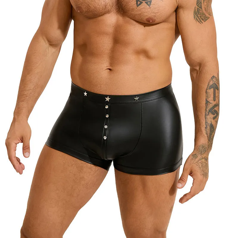 Black PU leather men's boxer shorts with U pouch design shown in Asian sizes M to 3XL