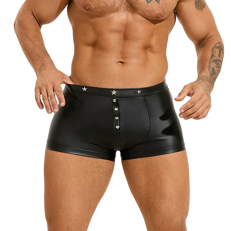Black PU leather men's boxer shorts with U pouch design shown in Asian sizes M to 3XL
