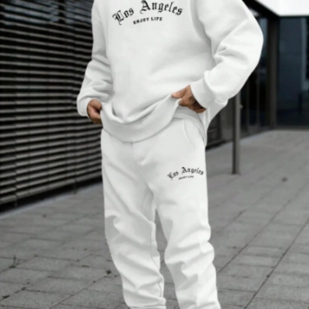 Men's grey hooded pullover sweater and matching trousers set on a hanger.