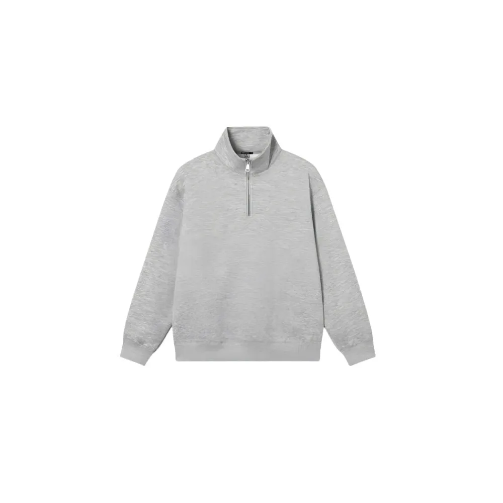 Grey half zip stand collar cotton sweater for men and women on a hanger.