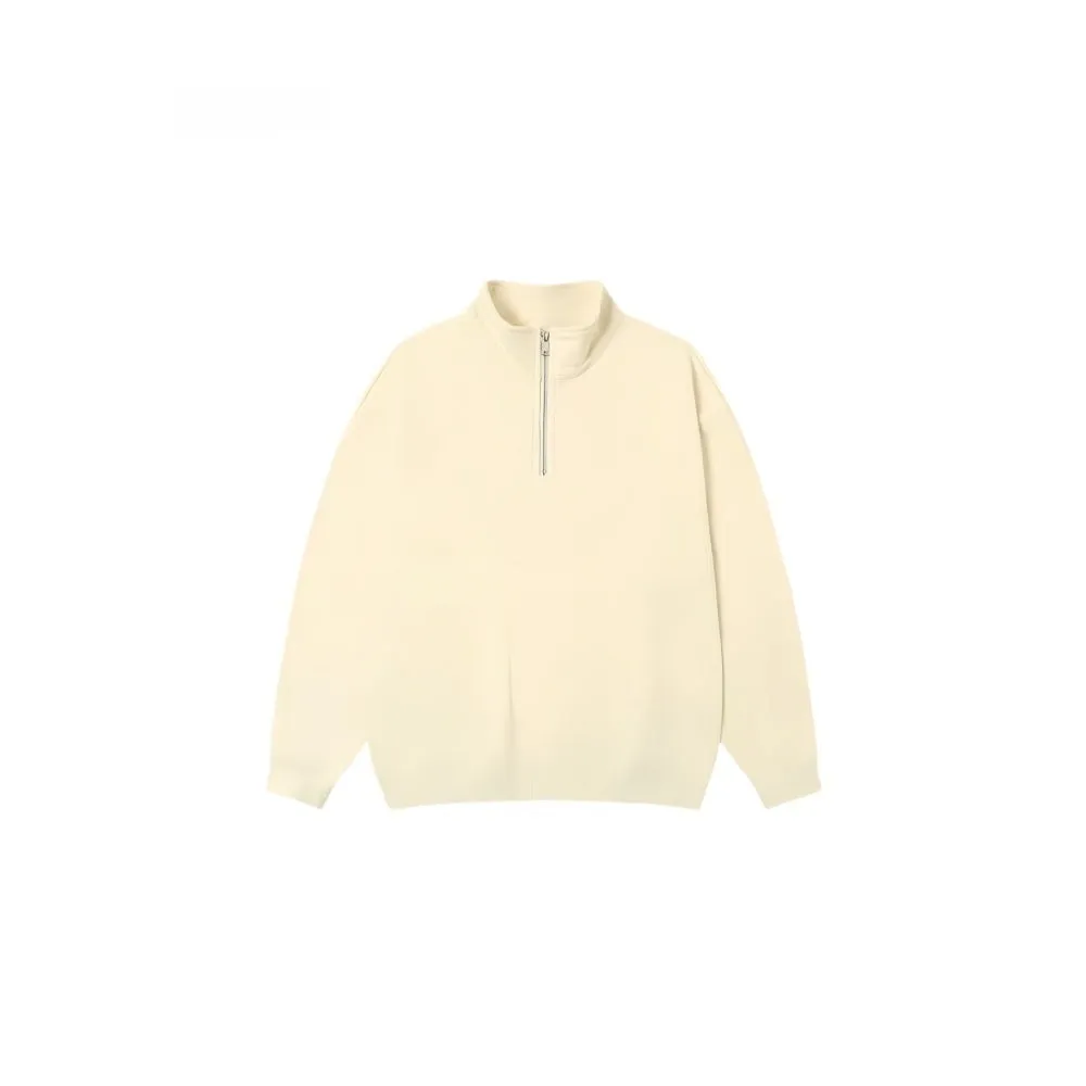 Grey half zip stand collar cotton sweater for men and women on a hanger.